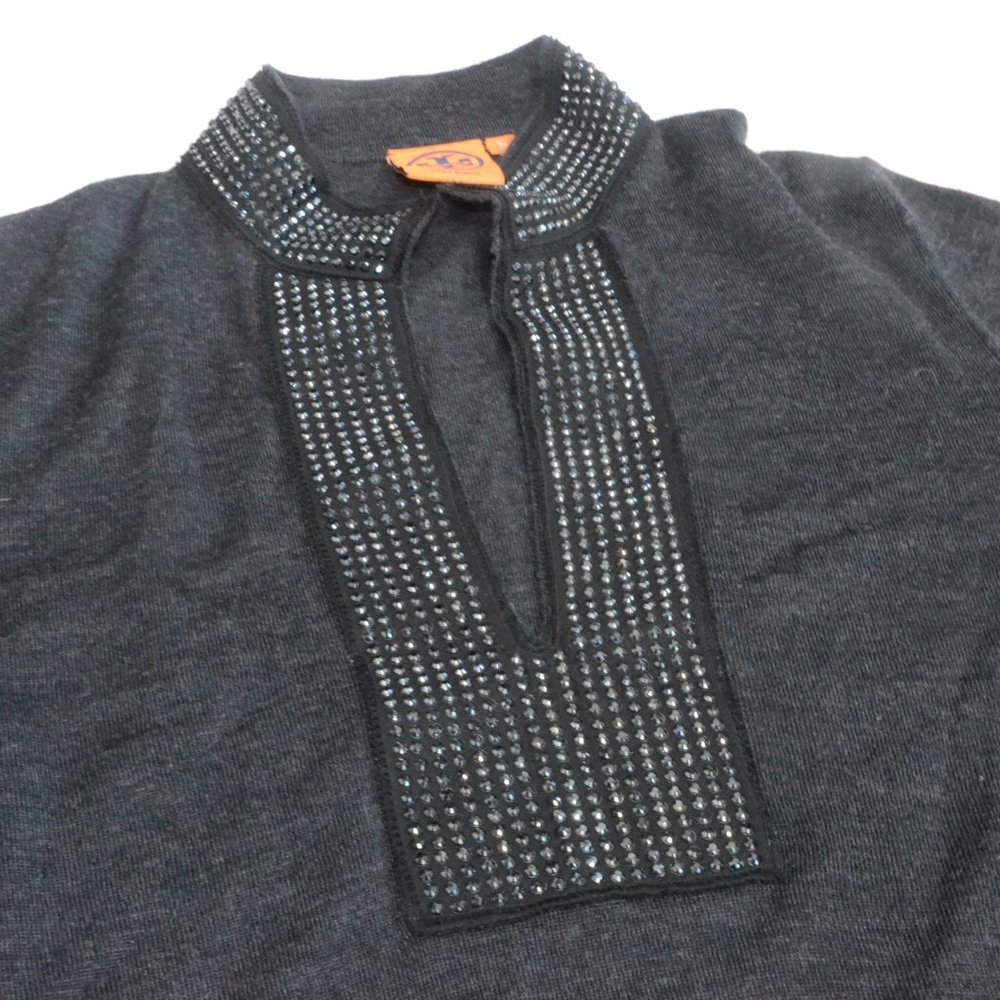 Tory Burch Black Wool Sweater with Silver Accents, Size Large